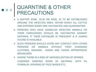 QUARNTINE & OTHER PRECAUTIONS A BUFFER ZONE, 20-30 KM WIDE, IS TO BE ESTABLISHED AROUND THE INFECTED AREA, WITHIN WHICH ALL CATTLE AND EXPOSED SHEEP ARE VACCINATED AND QUARANNTIED  PERSONS WHO HAVE HANDELED INFECTED ANIMALS OR THEIR CARACASSES SHOULD BE VACCINATED AGAINST ANTHRAX, IF THEIR EXPOSURE IS FREQUENT & IF HUMAN VCCINE IS AVAILABLE SUCH PERSONS SHOULD AVOID ANY CONTACT WITH OTHER PERSONS OR ANIMALS WITHOUT FIRST CHANGING CLOTHING, WASHING  HANDS AND TAKING APPROPRIATE MEASSURES WHERE THERE IS A RISK OF AEROSOLIZATION OF SPORES CONSIDER DAMPING DOWN OF MATERIAL WITH 5% FORMALIN, WEARING OF FACE MASKS ETC 