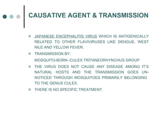 CAUSATIVE AGENT & TRANSMISSION <ul><li>JAPANESE ENCEPHALITIS VIRUS  WHICH IS ANTIGENICALLY RELATED TO OTHER FLAVIVIRUSES L...
