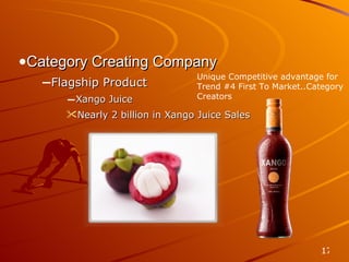 Unique Product Solutions Category Creating Company Flagship Product Xango Juice Nearly 2 billion in Xango Juice Sales Unique Competitive advantage for Trend #4 First To Market..Category Creators 