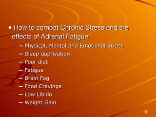 Unique Product Solution How to combat Chronic Stress and the effects of Adrenal Fatigue Physical, Mental and Emotional Stress Sleep deprivation Poor diet Fatigue Brain Fog Food Cravings Low Libido Weight Gain 