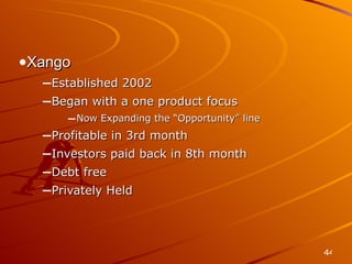 Company Xango  Established 2002 Began with a one product focus Now Expanding the “Opportunity” line Profitable in 3rd month Investors paid back in 8th month Debt free Privately Held 