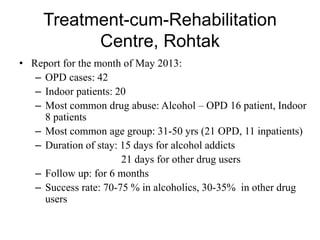 Treatment-cum-Rehabilitation
Centre, Rohtak
• Report for the month of May 2013:
– OPD cases: 42
– Indoor patients: 20
– Most common drug abuse: Alcohol – OPD 16 patient, Indoor
8 patients
– Most common age group: 31-50 yrs (21 OPD, 11 inpatients)
– Duration of stay: 15 days for alcohol addicts
21 days for other drug users
– Follow up: for 6 months
– Success rate: 70-75 % in alcoholics, 30-35% in other drug
users
 