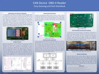 RESEARCH POSTER PRESENTATION DESIGN © 2015
www.PosterPresentations.com
The CAN (Controller Area Network ) Device OBD-II (On Board Diagnostic) reader
is a handheld touch screen computer that interfaces with an automobiles OBD-II
port and reads the basic SAE (Society of Automotive Engineers) codes from the
ECU (Engine Control Unit) through the CAN-bus as shown in Figure 1. The CAN
Device uses a PIC 32 microprocessor to communicate with touch screen LCD. A
PCB was designed and fabricated to have all parts mounted in one small package.
Modern vehicles have many computers to control the advanced systems such as
brakes, power steering, transmission, etc. The CAN-bus was created as a
communication system to allow all of the vehicle’s subsystems to communicate
simultaneously. All modules communicate simultaneously with the main ECU
therefore a priority system is necessary to give priority to important messages. It is
one of five communication protocols used on the OBD-II standard and has become
mandatory to use on all vehicles 2008 or newer in the U.S.
Introduction and Theory of Operation
The first step was selecting the Kyocera display; chosen for its price, functionality
(display and touchpad all in one), and its ease of programmability. Next the
Microchip PIC32 microprocessor was chosen for its processing power and its
compatibility with CAN. It has a dedicated module specifically for sending,
receiving, and storing CAN messages with only a CAN transceiver needed to
complete the communication. Once the main components were chosen, the next
step was configuring power distribution. Three different voltages are necessary to
power all the components: 3.3V to power the processor, display and touchpad, 5V
to power the CAN transceiver, and 19V to power the LED backlight of the display.
Because the CAN device interfaces with the ECU it was decided that the power will
be drawn from the car battery (12V-15V). A 9-36V to 5V switching converter was
chosen to step the voltage down to 5V to maximize efficiency. From there a linear
regulator is used to step 5V down to 3.3V, and a boost converter is used to step it
up to 20V.
Design Process
Communication protocols
There were several different modes of communication used within the CAN Device
including parallel data transfer, synchronous serial data transfer, and asynchronous
serial data transfer. The LCD part of the display uses a 16bit data bus with read
(RD), write (WR), register select (RS), and chip select (CS) lines. [2] The touchpad
part of the display uses a serial peripheral interface (SPI) to communicate data in
and out. The SPI interface only has one line to carry the data in (SDI) and one line
to carry the data out (SDO) The PIC32’s CAN module acts as a controller on the
CAN-bus allowing it to send and receive messages to and from the bus. The CAN
transceiver converts the serial data from the microprocessor to the differential
(CAN high and CAN Low) signals. Each message has a unique 29 bit identifier to
identify what type of data it is and between 8 to 64 bits of data in the message. [4]
Figure 4 shows what a typical CAN network looks like.
References	
Tony	Sossong	and	Zach	Stambuck	
	
CAN	Device		OBD-II	Reader	
	
Implementing the Design
A schematic was created using ORCAD Capture as shown in Figure 2. Next the
PCB layout was implemented on PCB editor as shown in Figure 3. Figure 5 shows
the milled PCB. There were many critical elements that went into the PCB design,
the most critical aspect of the layout being the placement of the display ribbon
connectors with respect to the screen mounting holes. Incorrect measurements
would prevent the ribbons from aligning, which would prevent the screen from being
able to be connected.
Results/ Challenges
Environmental and Economic Aspects
Overall the project ended as a success. Figure 6 shows what communication
between the processor and the touch pad looks like. Getting the touch screen to
communicate with the processor was one of many challenges presented. Other
challenges include PCB design errors, power issues and CAN message transfer/
receive issues. Designing the PCB layout was by far the most time consuming
challenge. Routing lines efficiently and minimizing data line lengths for optimal
performance caused extreme attention to detail in the design process. The PCB
sizing is not optimal due to not possessing the LCD touch screen until after
designing the PCB therefore it is larger than desired but about average in size
when compared to market competitors.
The CAN device gives an extended window into the statuses of critical systems of
a vehicle that are not known or accessible to a standard driver. Because it is not
critical to the average customer, the CAN device would be a great item for
hobbyists who like to tune engine parameters or repair technicians who want a
pocket reader. The CAN device has some advantages and disadvantages
compared to similar products. One advantage is the touch screen capability in
small design. Many of the full graphics display CAN readers are 2-3x larger than
the CAN device. Even though it is smaller than most, the design could be further
refined to make it smaller and more pocket friendly. [5]
Figure 2: OBD-II Schematic
Figure 3: PCB Layout
Figure 6: SPI Communication with Touch Pad
Figure 1: CAN Device in Operation
Figure 5: Milled PCB
[1] Microchip, “PIC32MZ Embedded Connectivity (EC) Family Data,” PIC32MZ2048ECH144 datasheet, Feb. 2013 [Revised Nov. 2013].
[2] Renesas, “RGB Graphics Liquid Crystal Controller Driver,” R61509 datasheet, Mar. 2006 [Revised Nov. 2007].
[3] Analog Devices, “CapTouch Programmable Controller for Single-Electrode Capacitance Sensors,” AD1747 datasheet, Sept. 2007 [Revised Jan. 2015].
[4] Microchip, “PIC32 Reference Manual,” Section 34. Controller Area Network (CAN), Jul. 2009 [Revised May. 2012].
[5] T. Sossong and Z. Stambuck, “CAN Device ABET Engineering Economics Report,” University of Arkansas Senior Design Laboratory, Fayetteville AR. 17 March, 2016.Figure 4: Typical CAN Network [4]
 