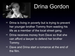 Drina is living in poverty but is trying to prevent her younger brother Tommy from wasting his life as a member of the local street gang. Drina receives money from Dave so that she can afford a lawyer to defend her brother Tommy. Dave and Drina start a romance at the end of the film. Drina Gordon 