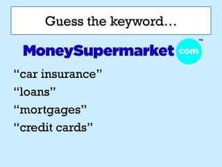 Guess the keyword…


“car insurance”
“loans”
“mortgages”
“credit cards”
 