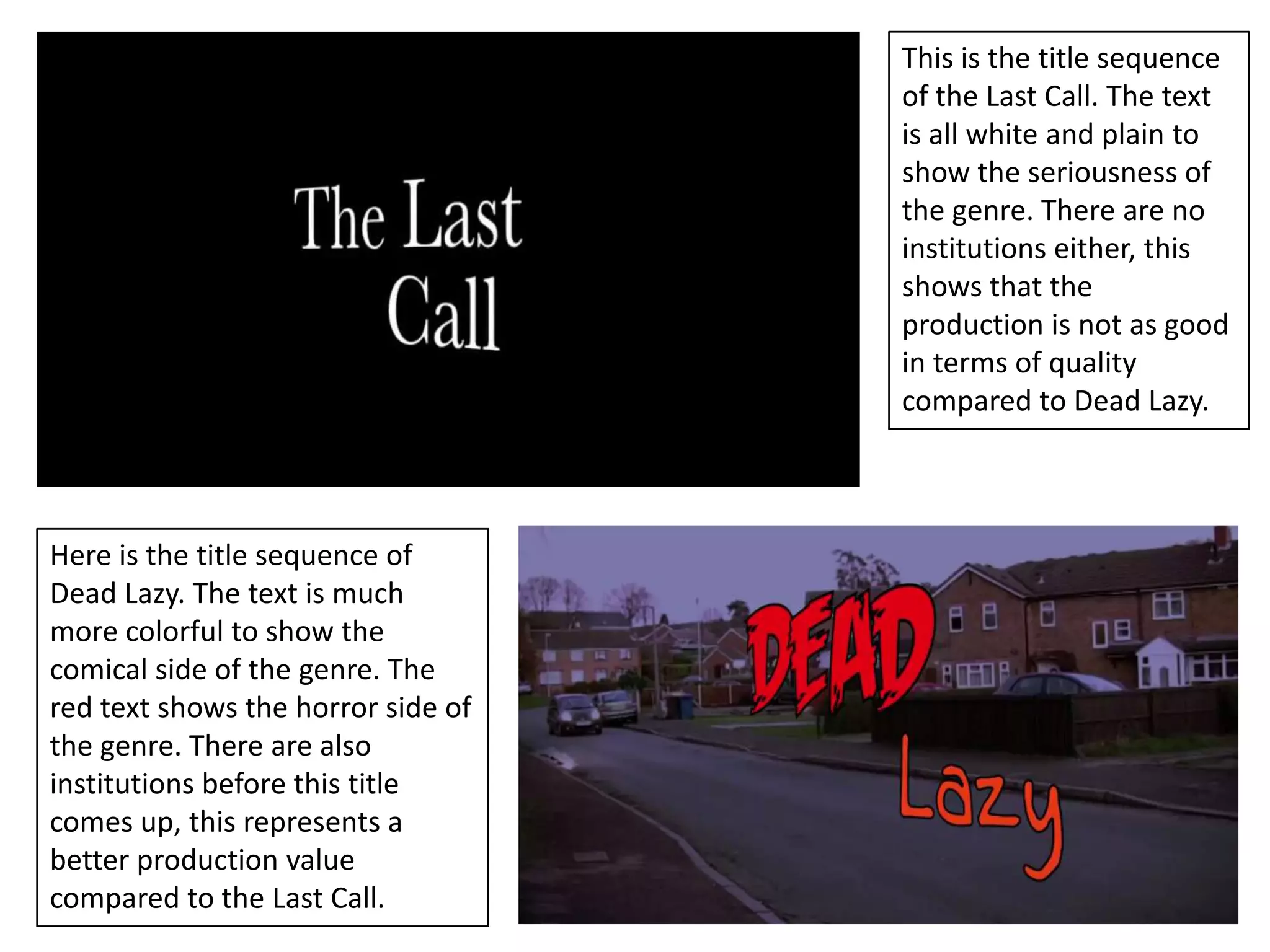 This is the title sequence
                                    of the Last Call. The text
                                    is all white and plain to
                                    show the seriousness of
                                    the genre. There are no
                                    institutions either, this
                                    shows that the
                                    production is not as good
                                    in terms of quality
                                    compared to Dead Lazy.



Here is the title sequence of
Dead Lazy. The text is much
more colorful to show the
comical side of the genre. The
red text shows the horror side of
the genre. There are also
institutions before this title
comes up, this represents a
better production value
compared to the Last Call.
 