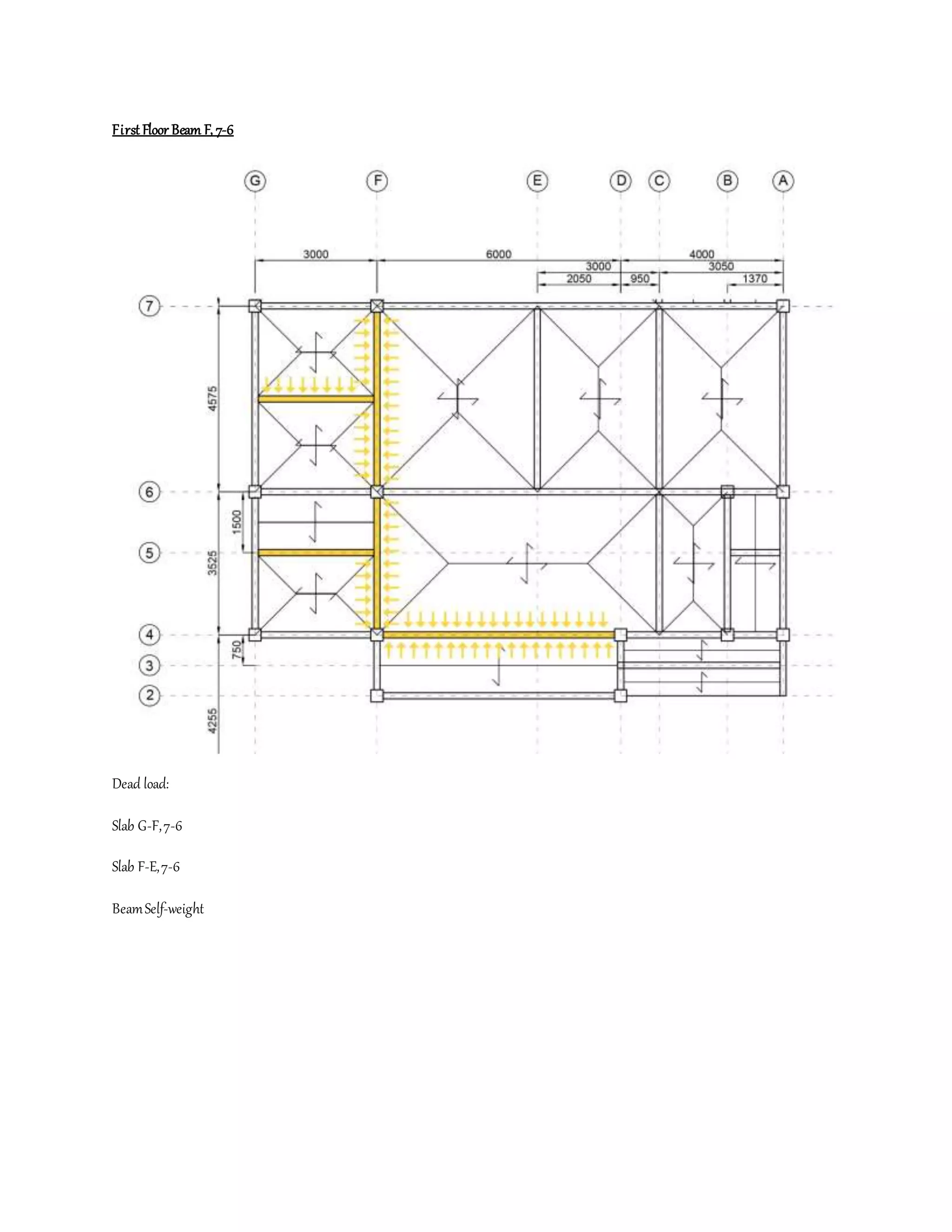First Floor Beam F, 7-6
Dead load:
Slab G-F,7-6
Slab F-E,7-6
BeamSelf-weight
 