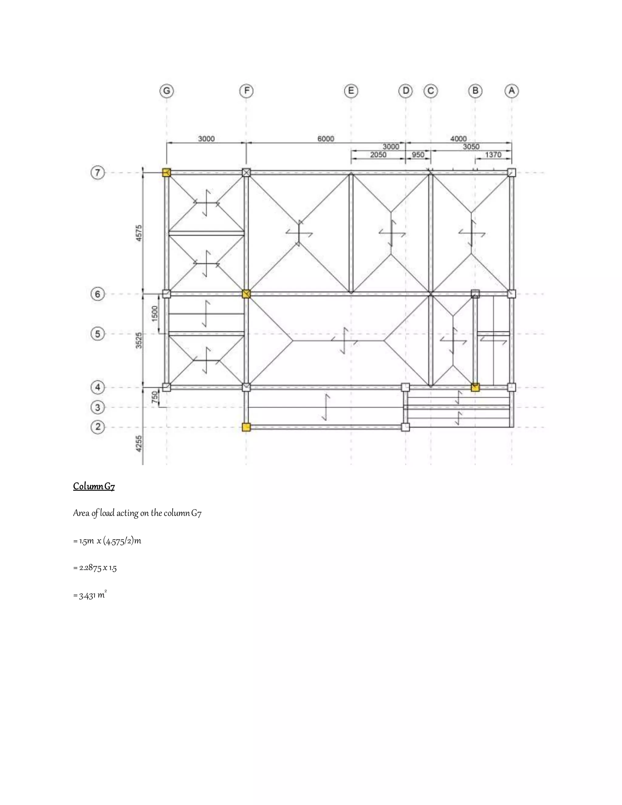 ColumnG7
Area of load acting on the columnG7
=1.5m x(4.575/2)m
=2.2875x1.5
=3.431 m2
 