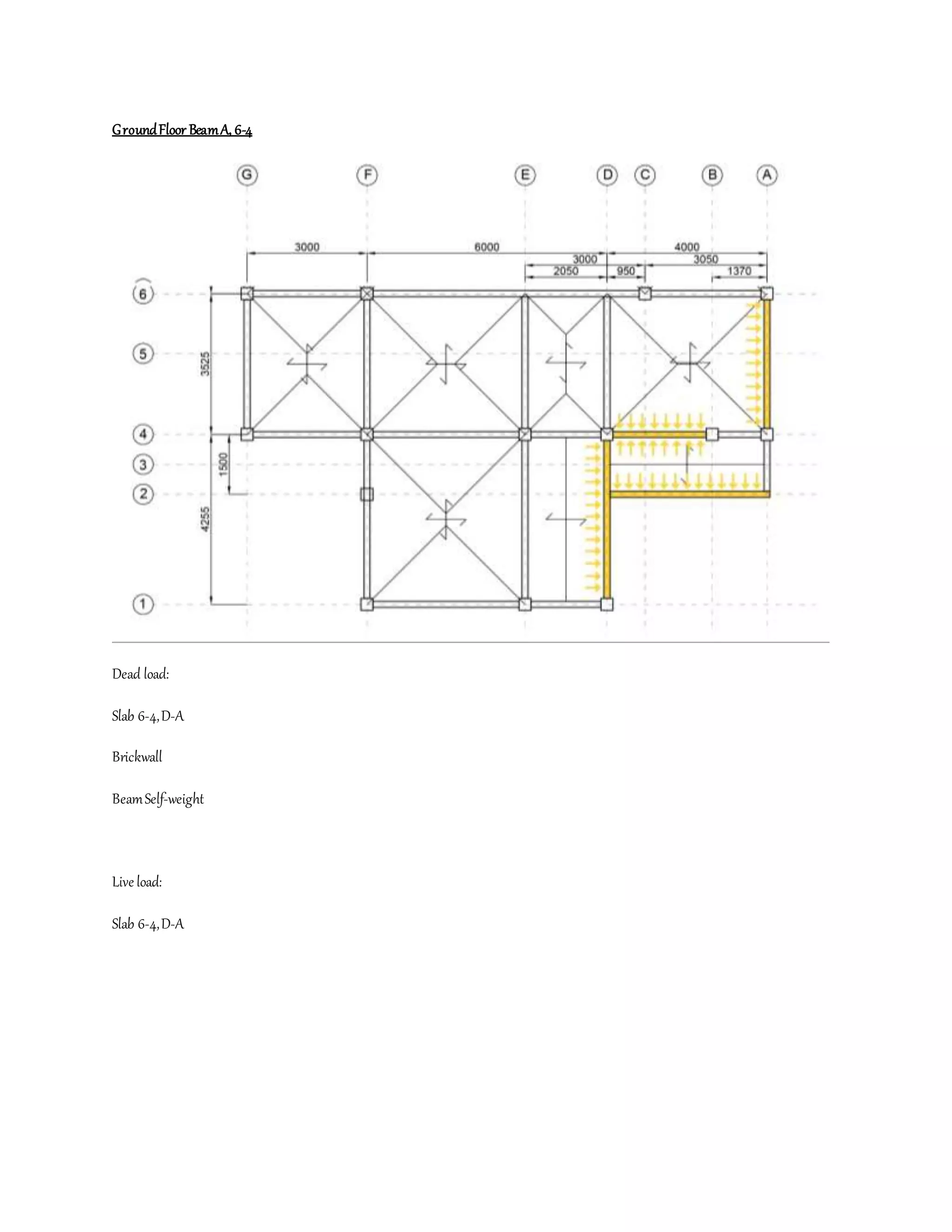 GroundFloor BeamA, 6-4
Dead load:
Slab 6-4,D-A
Brickwall
BeamSelf-weight
Live load:
Slab 6-4,D-A
 
