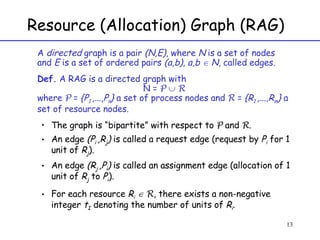 Resource (Allocation) Graph (RAG) A  directed  graph is a pair  (N,E) , where  N  is a set of nodes and  E  is a set of ordered pairs  (a,b) ,  a,b    N , called edges. Def.  A RAG is a directed graph with  N =  P      R where  P  =  {P 1  ,...,P n }  a set of process nodes and  R  =  {R 1  ,...,R m }  a set of resource nodes. The graph is “bipartite” with respect to  P  and  R . An edge  (P i  ,R j )  is called a request edge (request by  P i  for 1 unit of  R j ). An edge  (R j  ,P i )  is called an assignment edge (allocation of 1 unit of  R j  to  P i ). For each resource  R i      R , there exists a non-negative integer  t I  denoting the number of units of  R i . 