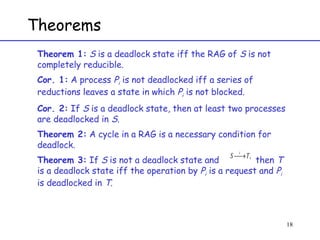 Theorems Theorem 1:   S  is a deadlock state iff the RAG of  S  is not completely reducible. Cor. 1:  A process  P i  is not deadlocked iff a series of reductions leaves a state in which  P i  is not blocked. Cor. 2:  If  S  is a deadlock state, then at least two processes are deadlocked in  S .  Theorem 2:  A cycle in a RAG is a necessary condition for deadlock.  Theorem 3:  If  S  is not a deadlock state and  then  T  is a deadlock state iff the operation by  P i  is a request and  P i  is deadlocked in  T .  