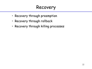 Recovery Recovery through preemption Recovery through rollback Recovery through killing processes 
