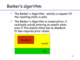Banker’s algorithm The Banker's Algorithm:  satisfy a request iff the resulting state is safe. The Banker's Algorithm is conservative: it cautiously avoids entering an unsafe state even if this unsafe state has no deadlock. It also requires prior claims. deadlock unsafe safe 