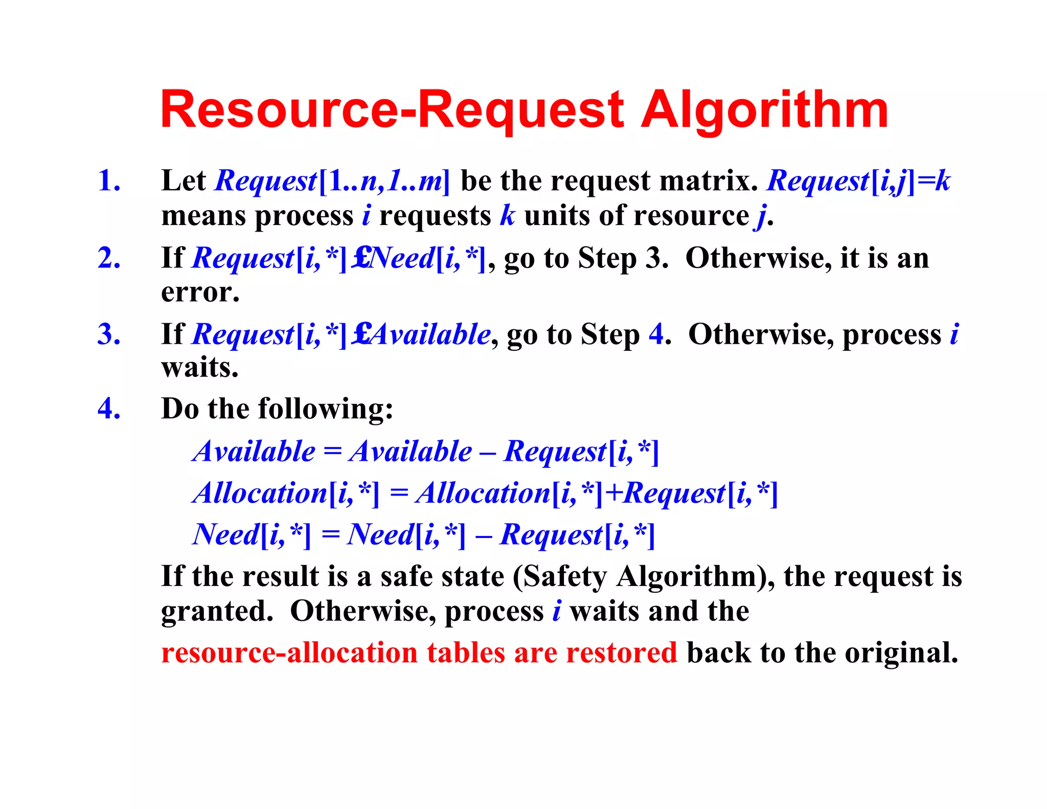 Resource-Request Algorithm
1.   Let Request[1..n,1..m] be the request matrix. Request[i,j]=k
     means process i requests k units of resource j.
2.   If Request[i,*]≤Need[i,*], go to Step 3. Otherwise, it is an
     error.
3.   If Request[i,*]≤Available, go to Step 4. Otherwise, process i
     waits.
4.   Do the following:
        Available = Available – Request[i,*]
        Allocation[i,*] = Allocation[i,*]+Request[i,*]
        Need[i,*] = Need[i,*] – Request[i,*]
     If the result is a safe state (Safety Algorithm), the request is
     granted. Otherwise, process i waits and the
     resource-allocation tables are restored back to the original.
 