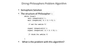 Dining-Philosophers Problem Algorithm
• Semaphore Solution
• The structure of Philosopher i :
while (true){
wait (chopstick[i] );
wait (chopStick[ (i + 1) % 5] );
/* eat for awhile */
signal (chopstick[i] );
signal (chopstick[ (i + 1) % 5] );
/* think for awhile */
}
• What is the problem with this algorithm?
 