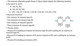 • The resource-allocation graph shown in Figure below depicts the following situation.
• The sets P, R, and E:
P = {P1, P2, P3}
R = {R1, R2, R3, R4}
E = {P1 → R1, P2 → R3, R1 → P2, R2 → P2, R2 → P1, R3 → P3}
• Resource instances:
◦ One instance of resource type R1
◦ Two instances of resource type R2
◦ One instance of resource type R3
◦ Three instances of resource type R4
• Process states:
◦ Process P1 is holding an instance of resource type R2 and is waiting for an instance of
resource type R1.
◦ Process P2 is holding an instance of R1 and an instance of R2 and is waiting for an instance
of R3.
◦ Process P3 is holding an instance of R3.
 