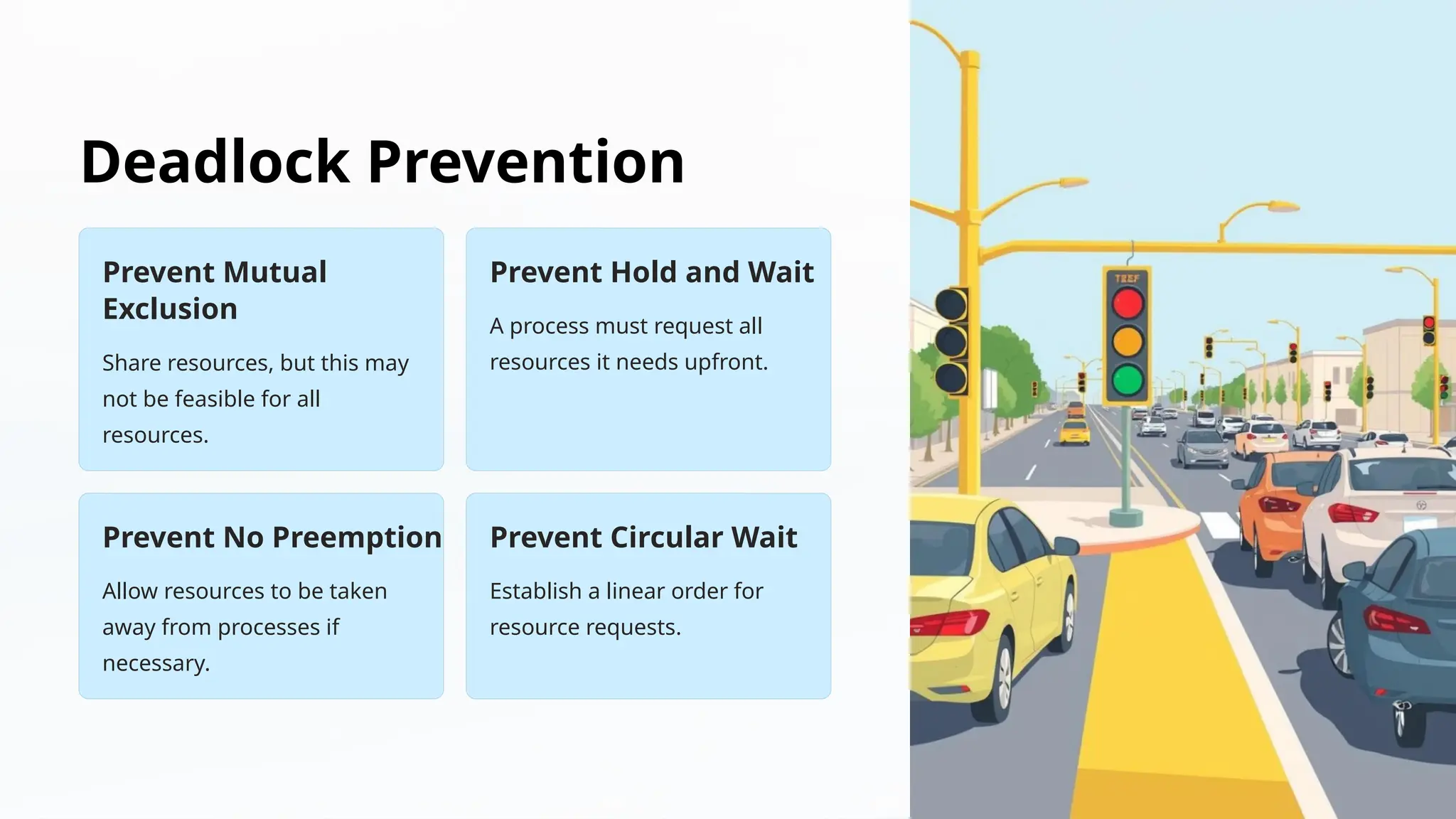 Deadlock Prevention
Prevent Mutual
Exclusion
Share resources, but this may
not be feasible for all
resources.
Prevent Hold and Wait
A process must request all
resources it needs upfront.
Prevent No Preemption
Allow resources to be taken
away from processes if
necessary.
Prevent Circular Wait
Establish a linear order for
resource requests.
 