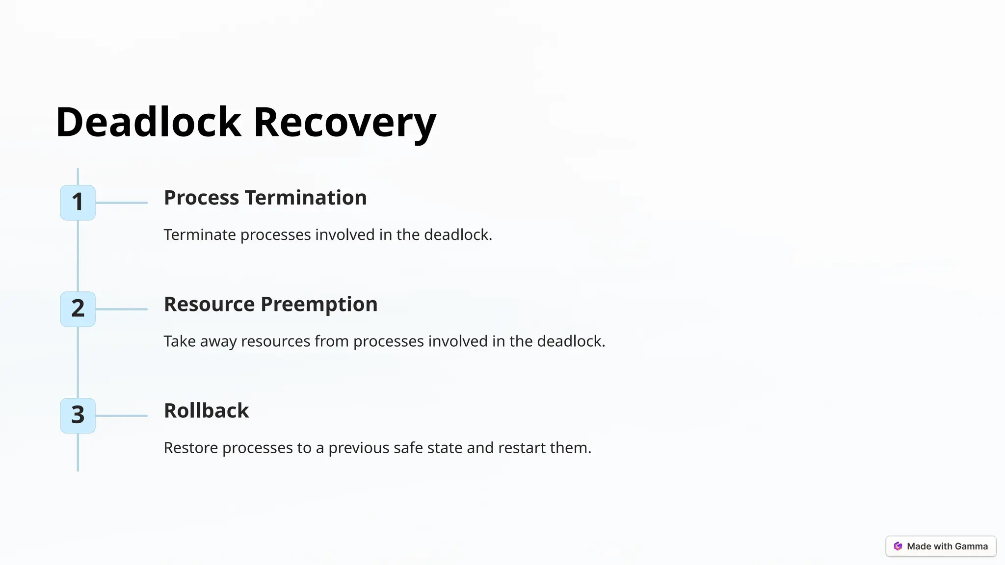 Deadlock Recovery
1 Process Termination
Terminate processes involved in the deadlock.
2 Resource Preemption
Take away resources from processes involved in the deadlock.
3 Rollback
Restore processes to a previous safe state and restart them.
 