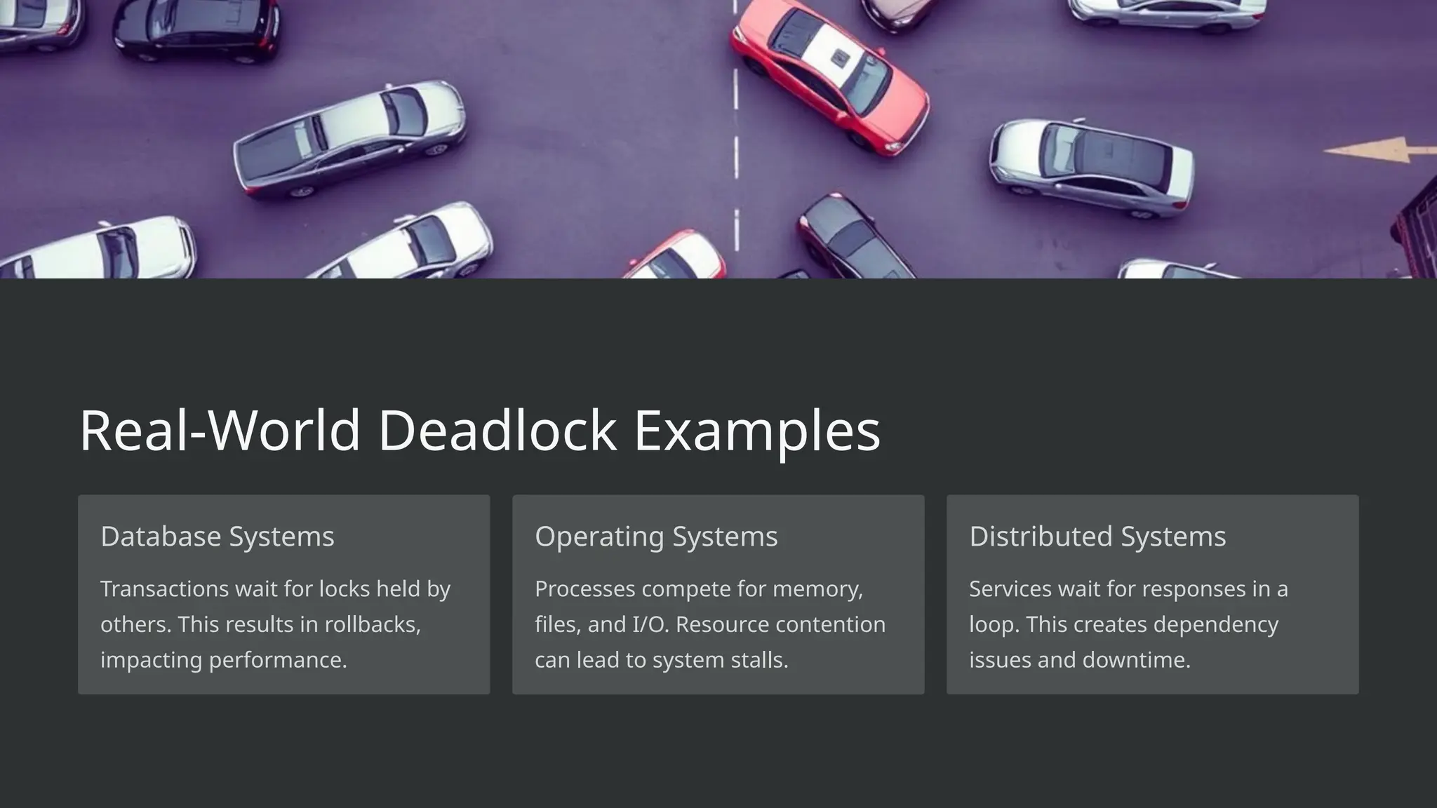 Real-World Deadlock Examples
Database Systems
Transactions wait for locks held by
others. This results in rollbacks,
impacting performance.
Operating Systems
Processes compete for memory,
files, and I/O. Resource contention
can lead to system stalls.
Distributed Systems
Services wait for responses in a
loop. This creates dependency
issues and downtime.
 