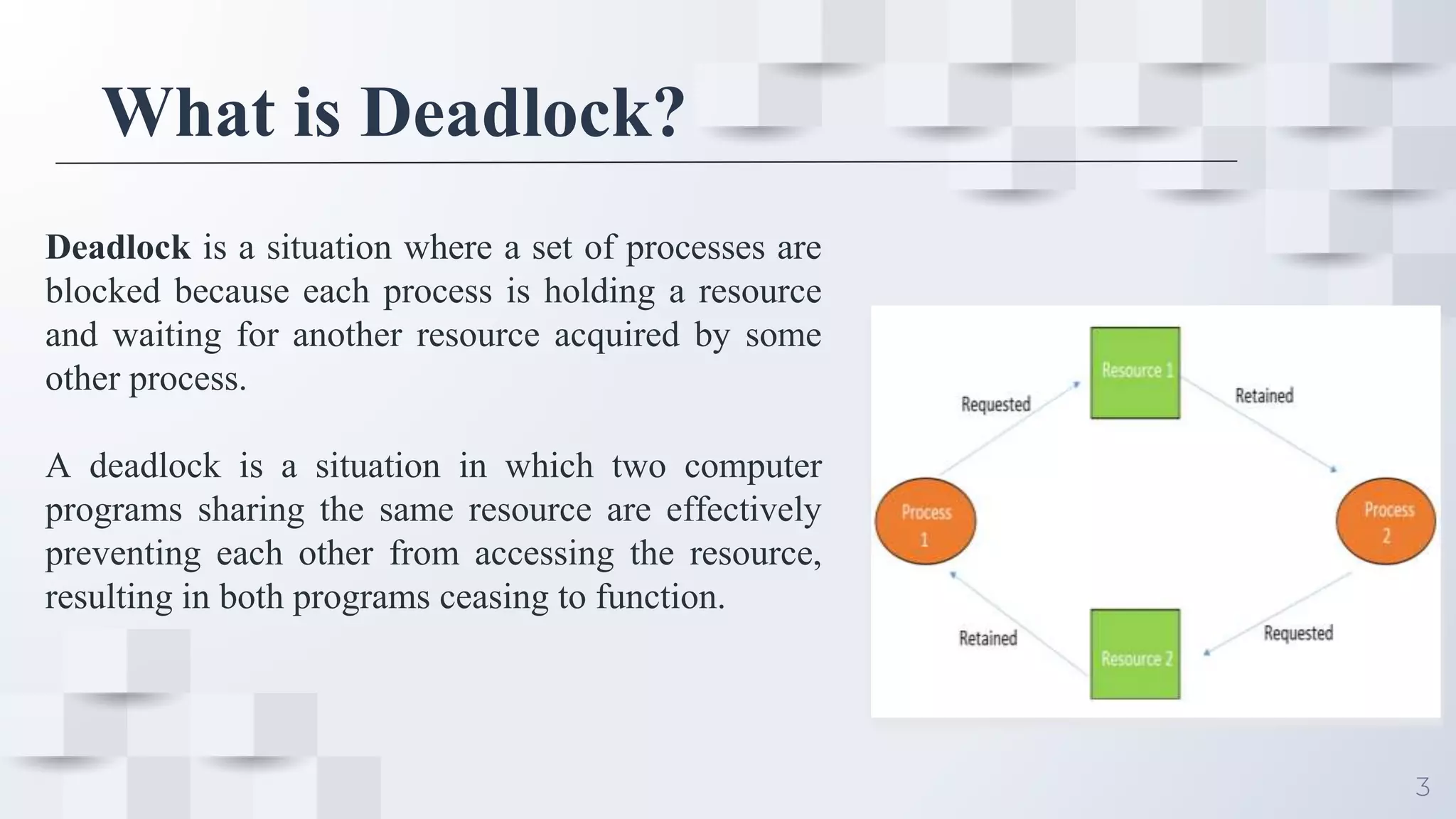 3
What is Deadlock?
Deadlock is a situation where a set of processes are
blocked because each process is holding a resource
and waiting for another resource acquired by some
other process.
A deadlock is a situation in which two computer
programs sharing the same resource are effectively
preventing each other from accessing the resource,
resulting in both programs ceasing to function.
 