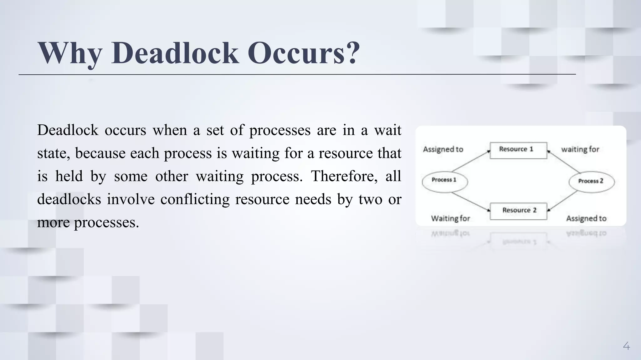 4
Why Deadlock Occurs?
Deadlock occurs when a set of processes are in a wait
state, because each process is waiting for a resource that
is held by some other waiting process. Therefore, all
deadlocks involve conflicting resource needs by two or
more processes.
 