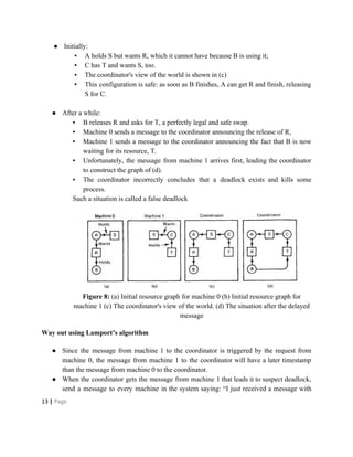 ● Initially:
▪ A holds S but wants R, which it cannot have because B is using it;
▪ C has T and wants S, too.
▪ The coordinator's view of the world is shown in (c)
▪ This configuration is safe: as soon as B finishes, A can get R and finish, releasing
S for C.
● After a while:
▪ B releases R and asks for T, a perfectly legal and safe swap.
▪ Machine 0 sends a message to the coordinator announcing the release of R,
▪ Machine 1 sends a message to the coordinator announcing the fact that B is now
waiting for its resource, T.
▪ Unfortunately, the message from machine 1 arrives first, leading the coordinator
to construct the graph of (d).
▪ The coordinator incorrectly concludes that a deadlock exists and kills some
process.
Such a situation is called a false deadlock
Figure 8: ​(a) Initial resource graph for machine 0 (b) Initial resource graph for
machine 1 (c) The coordinator's view of the world. (d) The situation after the delayed
message
Way out using Lamport’s algorithm
● Since the message from machine 1 to the coordinator is triggered by the request from
machine 0, the message from machine 1 to the coordinator will have a later timestamp
than the message from machine 0 to the coordinator.
● When the coordinator gets the message from machine 1 that leads it to suspect deadlock,
send a message to every machine in the system saying: “I just received a message with
13​ | ​Page
 