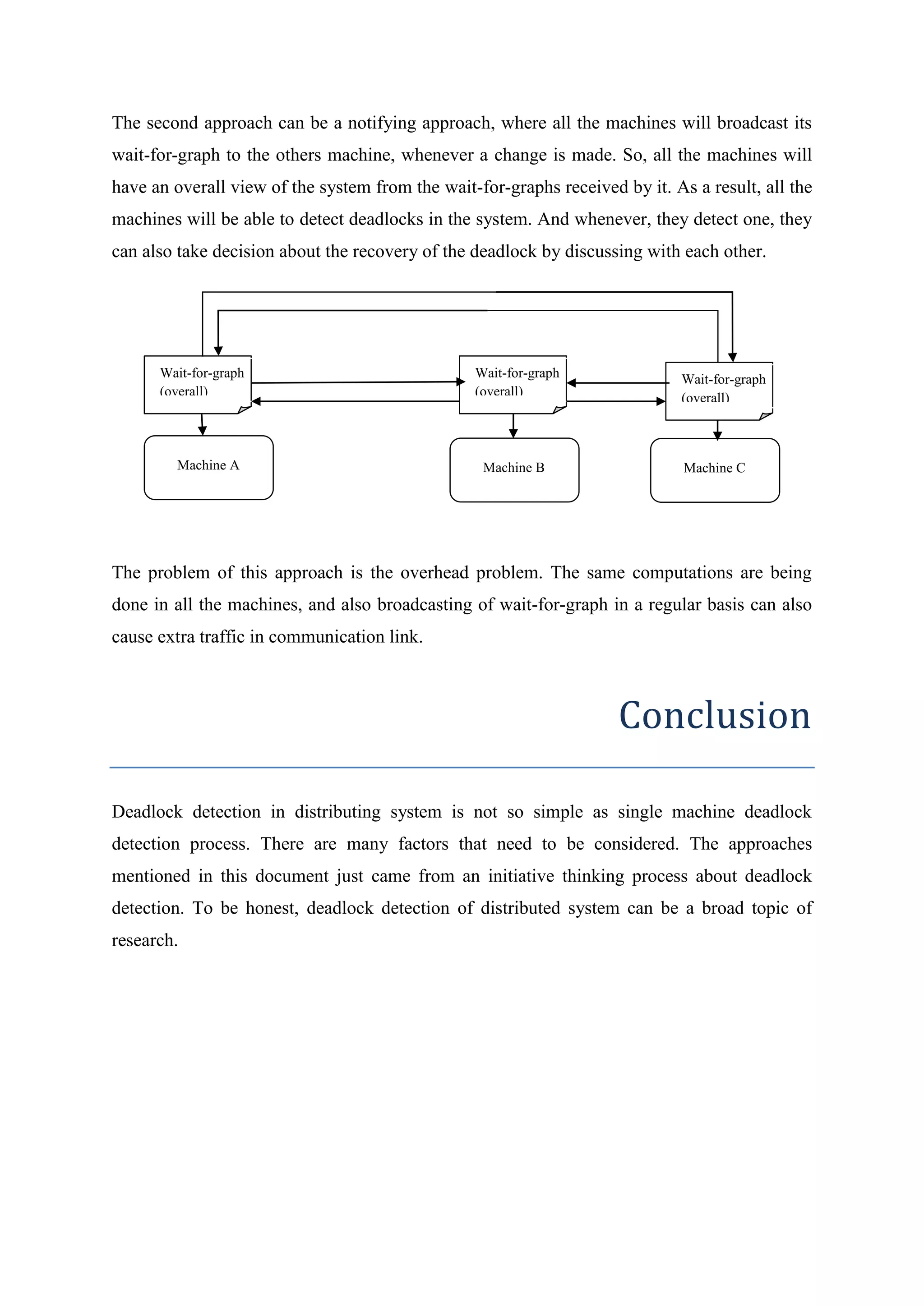 The second approach can be a notifying approach, where all the machines will broadcast its 
wait-for-graph to the others machine, whenever a change is made. So, all the machines will 
have an overall view of the system from the wait-for-graphs received by it. As a result, all the 
machines will be able to detect deadlocks in the system. And whenever, they detect one, they 
can also take decision about the recovery of the deadlock by discussing with each other. 
Wait-for-graph 
(overall) 
Wait-for-graph 
(overall) 
Wait-for-graph 
(overall) 
Machine A Machine B 
Machine C 
The problem of this approach is the overhead problem. The same computations are being 
done in all the machines, and also broadcasting of wait-for-graph in a regular basis can also 
cause extra traffic in communication link. 
Conclusion 
Deadlock detection in distributing system is not so simple as single machine deadlock 
detection process. There are many factors that need to be considered. The approaches 
mentioned in this document just came from an initiative thinking process about deadlock 
detection. To be honest, deadlock detection of distributed system can be a broad topic of 
research. 
