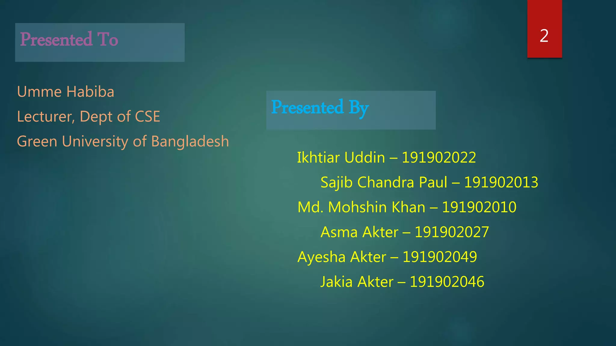 Presented By
Ikhtiar Uddin – 191902022
Sajib Chandra Paul – 191902013
Md. Mohshin Khan – 191902010
Asma Akter – 191902027
Ayesha Akter – 191902049
Jakia Akter – 191902046
2
Presented To
Umme Habiba
Lecturer, Dept of CSE
Green University of Bangladesh
 