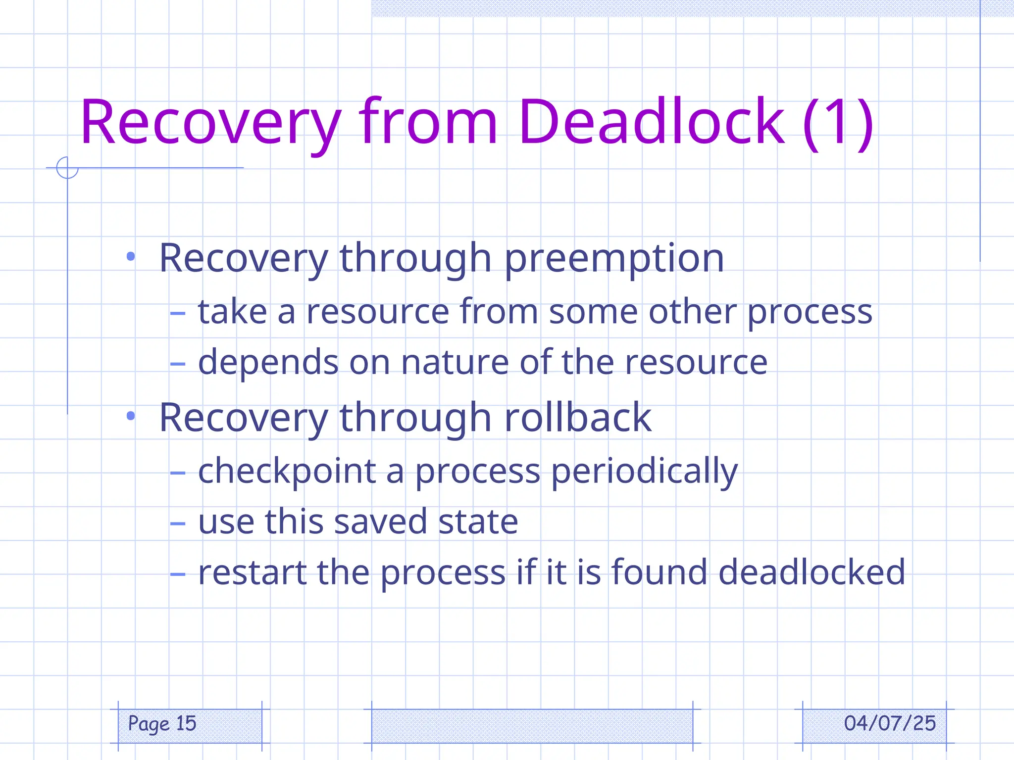04/07/25
Page 15
Recovery from Deadlock (1)
• Recovery through preemption
– take a resource from some other process
– depends on nature of the resource
• Recovery through rollback
– checkpoint a process periodically
– use this saved state
– restart the process if it is found deadlocked
 