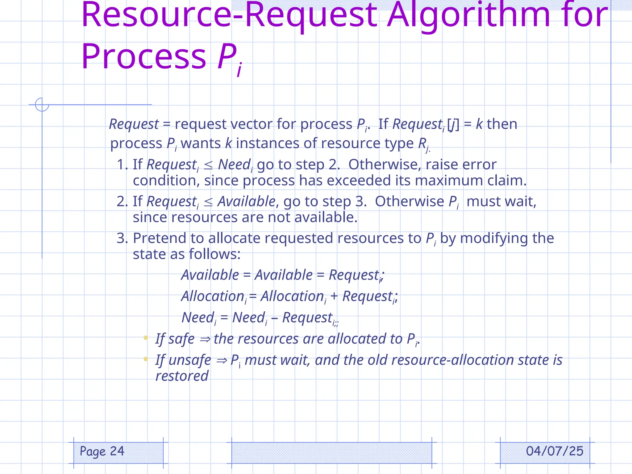 04/07/25
Page 24
Resource-Request Algorithm for
Process Pi
Request = request vector for process Pi. If Requesti [j] = k then
process Pi wants k instances of resource type Rj.
1. If Requesti  Needi go to step 2. Otherwise, raise error
condition, since process has exceeded its maximum claim.
2. If Requesti  Available, go to step 3. Otherwise Pi must wait,
since resources are not available.
3. Pretend to allocate requested resources to Pi by modifying the
state as follows:
Available = Available = Requesti;
Allocationi = Allocationi + Requesti;
Needi = Needi – Requesti;;
• If safe  the resources are allocated to Pi.
• If unsafe  Pi must wait, and the old resource-allocation state is
restored
 