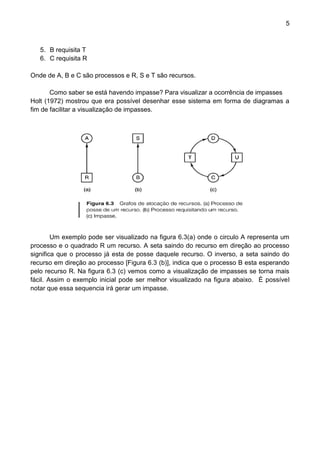 5 
5. B requisita T 
6. C requisita R 
Onde de A, B e C são processos e R, S e T são recursos. 
Como saber se está havendo impasse? Para visualizar a ocorrência de impasses 
Holt (1972) mostrou que era possível desenhar esse sistema em forma de diagramas a fim de facilitar a visualização de impasses. 
Um exemplo pode ser visualizado na figura 6.3(a) onde o circulo A representa um processo e o quadrado R um recurso. A seta saindo do recurso em direção ao processo significa que o processo já esta de posse daquele recurso. O inverso, a seta saindo do recurso em direção ao processo [Figura 6.3 (b)], indica que o processo B esta esperando pelo recurso R. Na figura 6.3 (c) vemos como a visualização de impasses se torna mais fácil. Assim o exemplo inicial pode ser melhor visualizado na figura abaixo. È possível notar que essa sequencia irá gerar um impasse. 
 