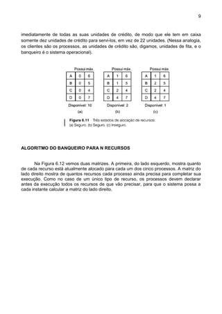 9 
imediatamente de todas as suas unidades de crédito, de modo que ele tem em caixa somente dez unidades de crédito para servi-los, em vez de 22 unidades. (Nessa analogia, os clientes são os processos, as unidades de crédito são, digamos, unidades de fita, e o banqueiro é o sistema operacional). 
ALGORITMO DO BANQUEIRO PARA N RECURSOS 
Na Figura 6.12 vemos duas matrizes. A primeira, do lado esquerdo, mostra quanto de cada recurso está atualmente alocado para cada um dos cinco processos. A matriz do lado direito mostra de quantos recursos cada processo ainda precisa para completar sua execução. Como no caso de um único tipo de recurso, os processos devem declarar antes da execução todos os recursos de que vão precisar, para que o sistema possa a cada instante calcular a matriz do lado direito.  