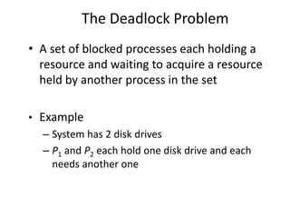 The Deadlock Problem
• A set of blocked processes each holding a
resource and waiting to acquire a resource
held by another process in the set
• Example
– System has 2 disk drives
– P1 and P2 each hold one disk drive and each
needs another one
 
