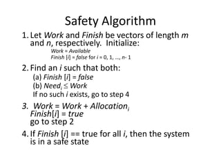 Safety Algorithm
1.Let Work and Finish be vectors of length m
and n, respectively. Initialize:
Work = Available
Finish [i] = false for i = 0, 1, …, n- 1
2.Find an i such that both:
(a) Finish [i] = false
(b) Needi  Work
If no such i exists, go to step 4
3. Work = Work + Allocationi
Finish[i] = true
go to step 2
4.If Finish [i] == true for all i, then the system
is in a safe state
 