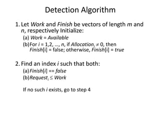 Detection Algorithm
1.Let Work and Finish be vectors of length m and
n, respectively Initialize:
(a) Work = Available
(b)For i = 1,2, …, n, if Allocationi  0, then
Finish[i] = false; otherwise, Finish[i] = true
2.Find an index i such that both:
(a)Finish[i] == false
(b)Requesti  Work
If no such i exists, go to step 4
 