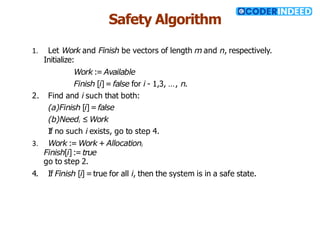 Safety Algorithm
1. Let Work and Finish be vectors of length m and n, respectively.
Initialize:
Work := Available
Finish [i] = false for i - 1,3, …, n.
2. Find and i such that both:
(a)Finish [i] = false
(b)Needi ≤ Work
If no such i exists, go to step 4.
3. Work := Work + Allocationi
Finish[i] := true
go to step 2.
4. If Finish [i] = true for all i, then the system is in a safe state.
 
