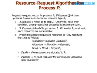 Resource-Request Algorithm for
Process Pi
Requesti =request vector for process Pi. If Requesti [j]=kthen
process Pi wants k instances of resource type Rj.
1. If Requesti ≤ Needi go to step 2. Otherwise, raise error
condition, since process has exceeded its maximum claim.
2. If Requesti ≤ Available, go to step 3. Otherwise Pi must wait,
since resources are not available.
3. Pretend to allocate requested resources to Pi by modifying
the state as follows:
Available := Available -Requesti;
Allocationi := Allocationi + Requesti;
Needi := Needi – Requesti;;
• If safe ⇒ the resources are allocated to Pi.
• If unsafe ⇒ Pi must wait, and the old resource-allocation
state is restored
 