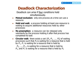 Deadlock Characterization
Deadlock can arise if four conditions hold
simultaneously.
● Mutual exclusion: only one process at a time can use a
resource
● Hold and wait: a process holding at least one resource is
waiting to acquire additional resources held by other
processes
● No preemption: a resource can be released only
voluntarily by the process holding it after that process has
completed its task
● Circular wait: there exists a set {P0, P1, …, P0} of waiting
processes such that P0 is waiting for a resource that is held
by P1, P1 is waiting for a resource that is held by
P2, …, Pn–1 is waiting for a resource that is held by
Pn, and Pn is waiting for a resource that is held by P0
 