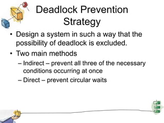 Deadlock Prevention
Strategy
• Design a system in such a way that the
possibility of deadlock is excluded.
• Two main methods
– Indirect – prevent all three of the necessary
conditions occurring at once
– Direct – prevent circular waits
 