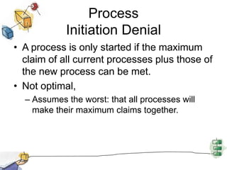 Process
Initiation Denial
• A process is only started if the maximum
claim of all current processes plus those of
the new process can be met.
• Not optimal,
– Assumes the worst: that all processes will
make their maximum claims together.
 