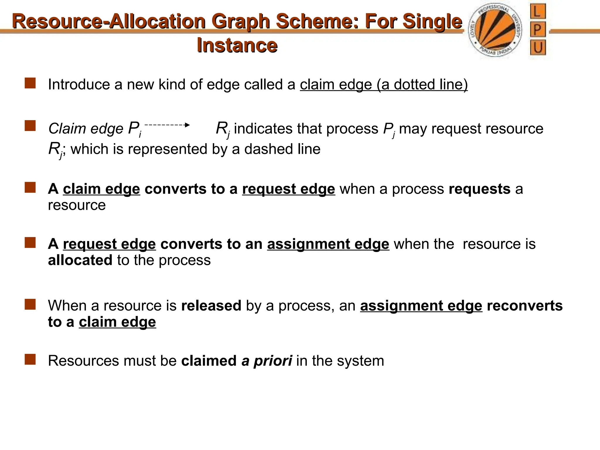 Resource-Allocation Graph Scheme: For Single
Resource-Allocation Graph Scheme: For Single
Instance
Instance
 Introduce a new kind of edge called a claim edge (a dotted line)
 Claim edge Pi  Rj indicates that process Pj may request resource
Rj; which is represented by a dashed line
 A claim edge converts to a request edge when a process requests a
resource
 A request edge converts to an assignment edge when the resource is
allocated to the process
 When a resource is released by a process, an assignment edge reconverts
to a claim edge
 Resources must be claimed a priori in the system
 