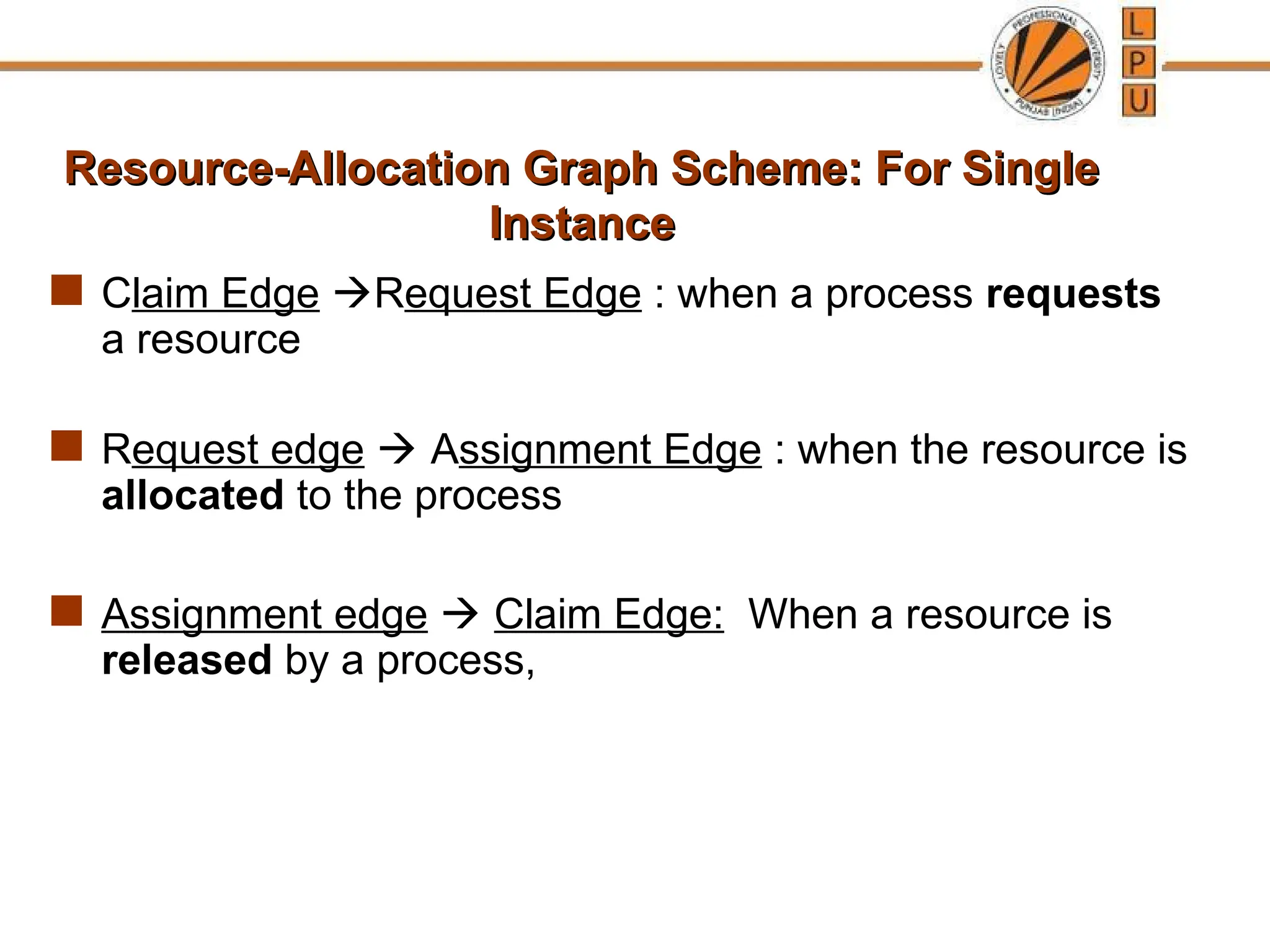  Claim Edge Request Edge : when a process requests
a resource
 Request edge  Assignment Edge : when the resource is
allocated to the process
 Assignment edge  Claim Edge: When a resource is
released by a process,
Resource-Allocation Graph Scheme: For Single
Resource-Allocation Graph Scheme: For Single
Instance
Instance
 