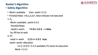 • Safety Algorithm
Banker’s Algorithm
17
• Work= available then work= 3 3 2
• Finish[i]=false i=0,1,2,3,4 ; false indicate not executed
1. P0
Work= available ; work=3 3 2
finish[i]=false;
need<= work ; 7 4 3<= 3 3 2 --> false
So, P0 has to wait
2. P1
need <= work 1 2 2 <= 3 3 2 true
work= work+ allocation
3 3 2 +2 0 0 = 5 3 2 available; P1 starts its execution
Work = 5 3 2
 
