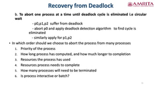 b. To abort one process at a time until deadlock cycle is eliminated i.e circular
wait
- p0,p1,p2 suffer from deadlock
- abort p0 and apply deadlock detection algorithm to find cycle is
eliminated
- similarly apply for p1,p2
• In which order should we choose to abort the process from many processes
1. Priority of the process
2. How long process has computed, and how much longer to completion
3. Resources the process has used
4. Resources process needs to complete
5. How many processes will need to be terminated
6. Is process interactive or batch?
15
Recovery from Deadlock
 