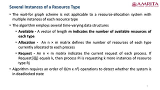 Several Instances of a Resource Type
• The wait-for graph scheme is not applicable to a resource-allocation system with
multiple instances of each resource type
• The algorithm employs several time-varying data structures
• Available - A vector of length m indicates the number of available resources of
each type
• Allocation - An n × m matrix defines the number of resources of each type
currently allocated to each process
• Request - An n × m matrix indicates the current request of each process. If
Request[i][j] equals k, then process Pi is requesting k more instances of resource
type Rj
• Algorithm requires an order of O(m x n2) operations to detect whether the system is
in deadlocked state
6
 