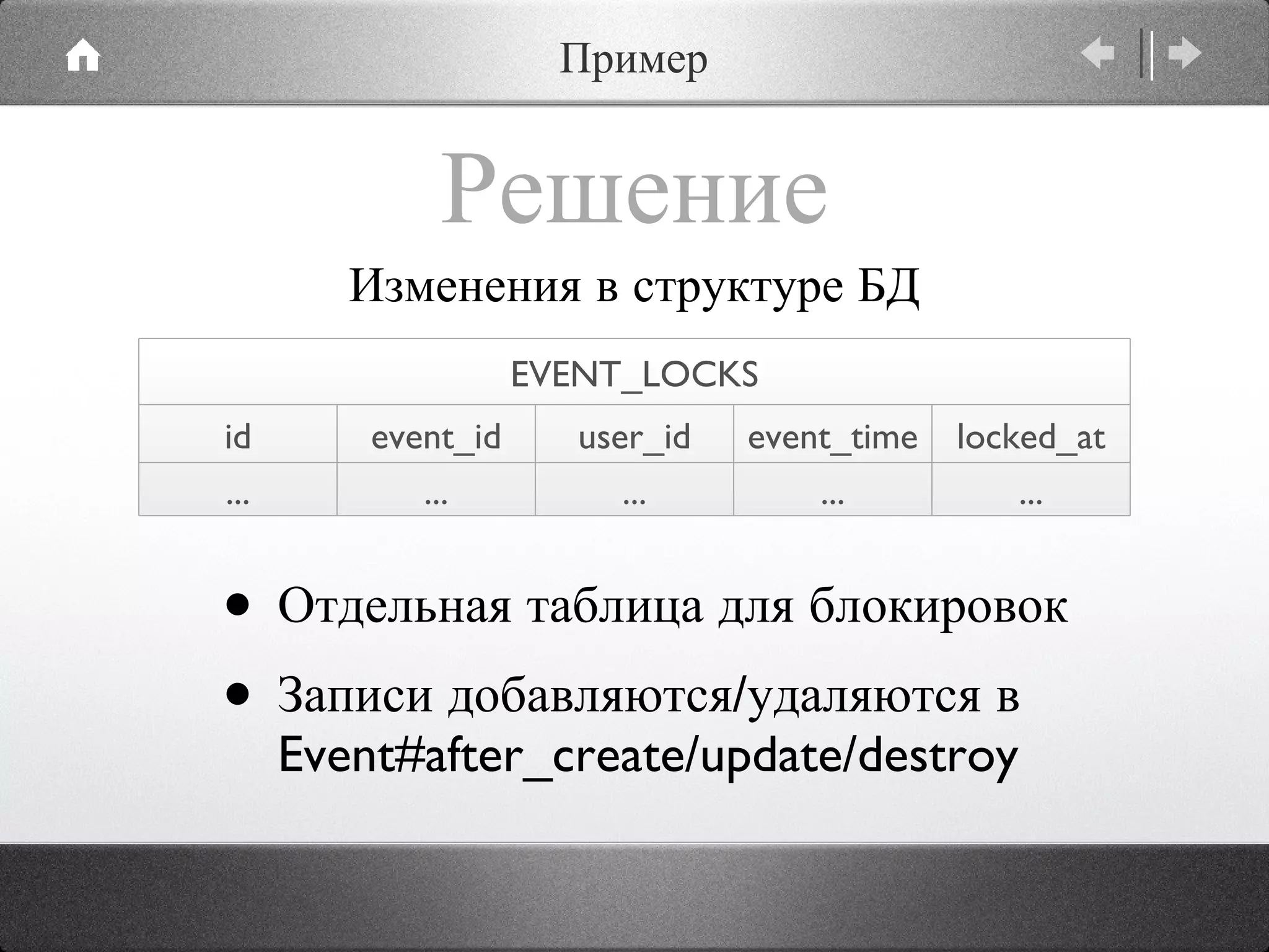 Решение Отдельная таблица для блокировок Записи добавляются/удаляются в Event#after_create/update/destroy  Изменения в структуре БД Пример EVENT_LOCKS id event_id user_id event_time locked_at ... ... ... ... ... 