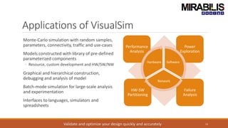 Applications of VisualSim
Monte-Carlo simulation with random samples,
parameters, connectivity, traffic and use-cases
Models constructed with library of pre-defined
parameterized components
◦ Resource, custom development and HW/SW/NW
Graphical and hierarchical construction,
debugging and analysis of model
Batch-mode simulation for large-scale analysis
and experimentation
Interfaces to languages, simulators and
spreadsheets
13
Performance
Analysis
Power
Exploration
HW-SW
Partitioning
Failure
Analysis
Software
Network
Hardware
Validate and optimize your design quickly and accurately
 