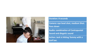 Duration: 8 seconds
Camera: eye level shot, medium Shot.
Pans down
Audio: combination of Contrapuntal
Sound and diegetic sound
Action: Jack is hitting Tommy with a
Golf bat.
 
