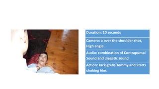 Duration: 10 seconds
Camera: a over the shoulder shot,
High angle.
Audio: combination of Contrapuntal
Sound and diegetic sound
Action: Jack grabs Tommy and Starts
choking him.
 