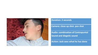 Duration: 3 seconds
Camera: close up shot. pov shot
Audio: combination of Contrapuntal
Sound and diegetic sound
Action: Jack sees what he has done
 